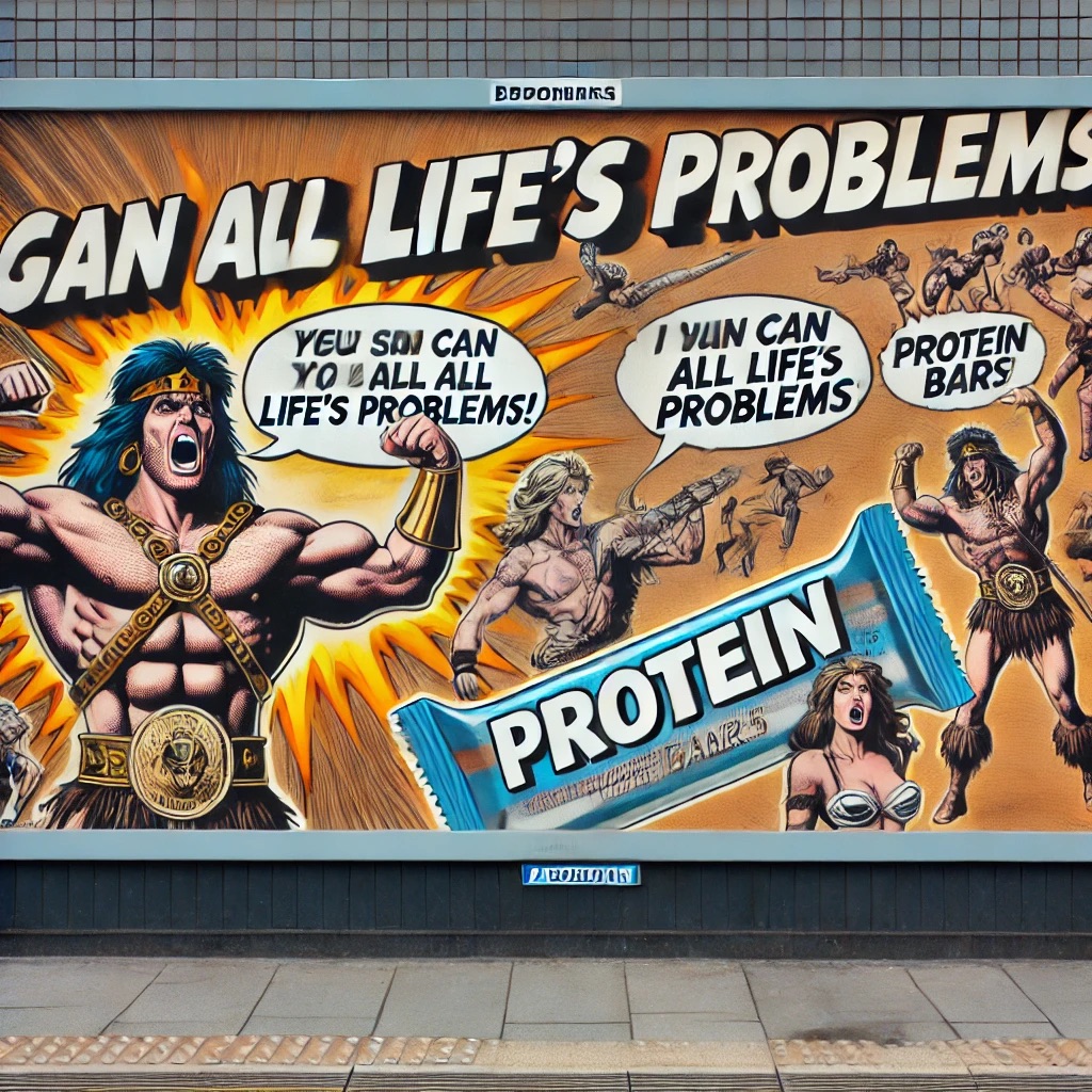 DALL·E 2024-06-24 14.19.43 - An over-the-top advertisement poster for protein bars claiming they can solve all life’s problems, featuring dramatic visuals and outrageous slogans